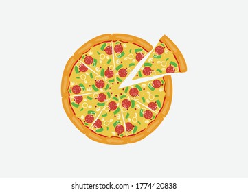 Fresh pizza with tomato, cheese, olive, sausage, onion, basil. Traditional italian fast food. Top view meal. European snack. Isolated white background. Pizza in flat style. Vector illustration