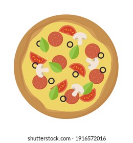 Fresh pizza with tomato, cheese, olive, sausage, mushroom and basil. Top view of Traditional italian fast food. European snack. Vector illustration in flat style Isolated on white background.