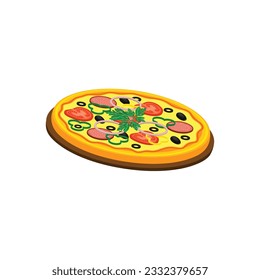 Fresh pizza with tomato, cheese, olive, sausage, onion, basil. Traditional italian fast food. Top view meal. European snack. Isolated white background. EPS10 vector illustration.