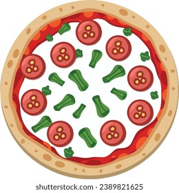 Fresh pizza with tomato, cheese, olive, sausage, onion, basil. Traditional italian fast food. Top view meal. European snack. Isolated white background. vector illustration