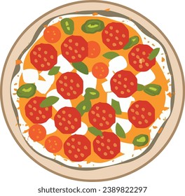 Fresh pizza with tomato, cheese, olive, sausage, onion, basil.