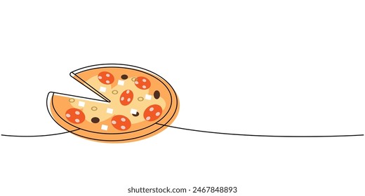 Fresh pizza with tomato, cheese, olive one line colored continuous drawing. Traditional italian fast food continuous one line illustration.