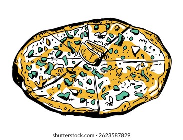 Fresh pizza with tomato, cheese, onion, basil. Linear minimal vector illustration isolated on white. Traditional italian fast food. European snack. 