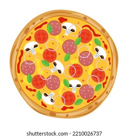 Fresh pizza with tomatoes, cheese, mushrooms, sausage, onion, basil. Traditional Italian fast food. Top view food. European snack. Isolated white background. EPS10 vector illustration.