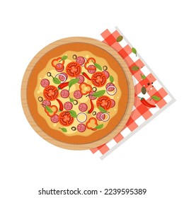 Fresh pizza with tomatoes, cheese, olives, sausage, onion, basil. Traditional Italian fast food. Top view food. European snack. Isolated white background