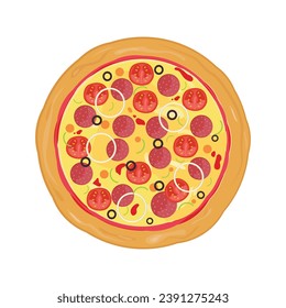 Fresh pizza with tomatoes, cheese, olives, sausage, red onions. Vector illustration