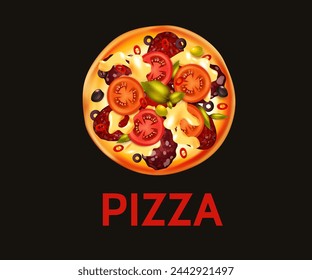Fresh pizza with tomatoes, cheese, olives, sausage, onions, basil. Traditional Italian fast food. Food from above. European snack. Isolated black background.