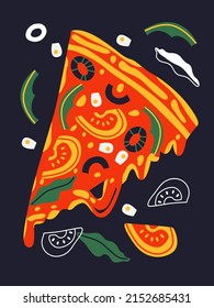 Fresh Pizza with tomatoes, olives, peppers, onions, basil. Abstract style. Cartoon and doodle elements vector. Traditional Italian fast food. Food European snack. Isolated dark background. EPS10 