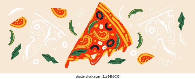 Fresh Pizza with tomatoes, olives, peppers, onions, basil. Abstract style. Cartoon and doodle elements vector. Traditional Italian fast food. Food European snack. Isolated beige background. EPS10 