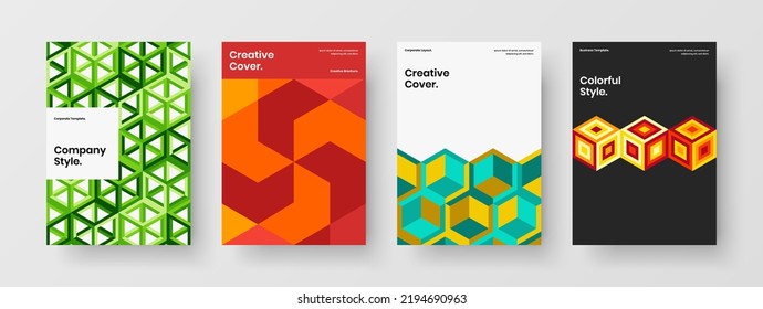 Fresh placard design vector illustration composition. Premium geometric tiles magazine cover template set.