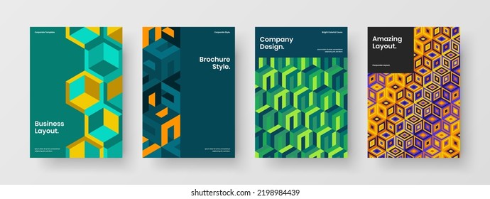 Fresh placard vector design illustration set. Amazing mosaic hexagons company cover concept bundle.