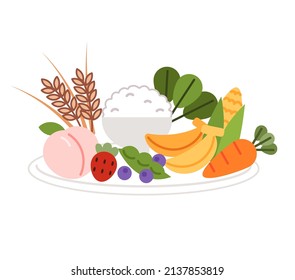 Fresh plant food, vegan food. Grains, vegetables and fruits are placed on the plate.