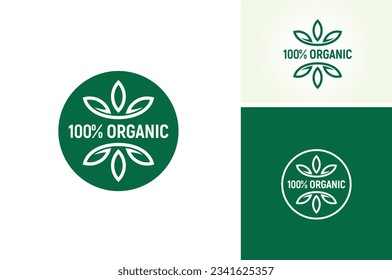 Fresh Plant Leaf 100% Organic Natural Farm Food Badge Label Seal Sticker Emblem Stamp logo design