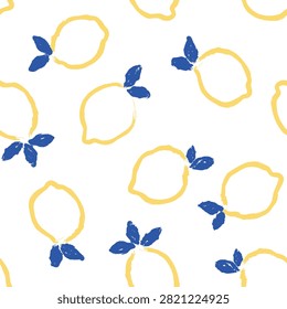 A fresh and playful seamless pattern featuring hand-drawn lemon outlines in soft yellow with bold blue leaves. Inspired by Mediterranean summer gardens, this minimal citrus design creates a cheerful and modern look for kitchen textiles, table linens, tea towels, aprons, home decor, wallpaper, fabric printing, and lifestyle products.