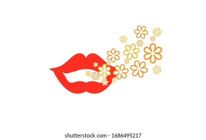 Fresh pleasant breath. Beautiful red lips with contour flowers on a white background. Vector illustration.