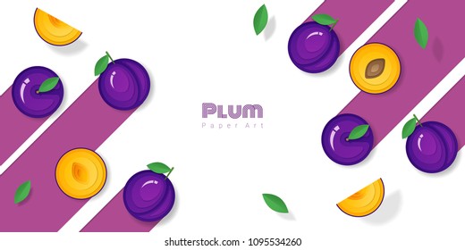 Fresh plum fruit background in paper art style , vector , illustration