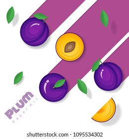 Fresh plum fruit background in paper art style , vector , illustration