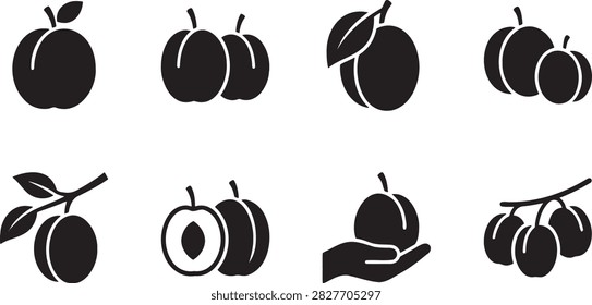 Fresh plum fruit silhouettes with leaves and whole slices