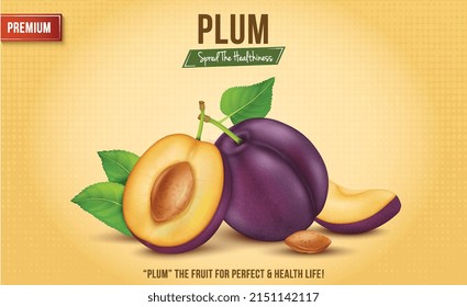 Fresh Plum Fruit vector illustration with half piece of plum  on yellow background