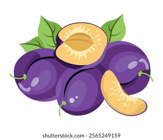 Fresh plum with green leaf in cartoon style. Vector whole and parts sweet plum isolated on a white background. Plum pit. Plum halves, slices and whole.Composition of several plums. Purple vector