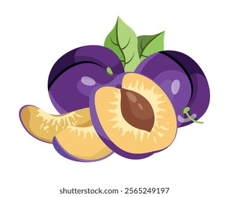 Fresh plum with green leaf in cartoon style. Vector whole and parts sweet plum isolated on a white background. Plum pit. Plum halves, slices and whole.Composition of several plums. Purple vector