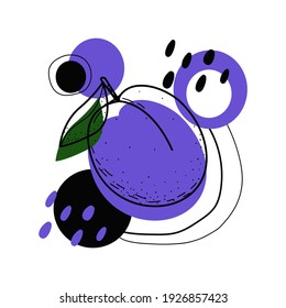 Fresh plum on a colorful abstract summer background. The plum icon is made in the style of a line. Stylish fruit illustration, background. Vector.