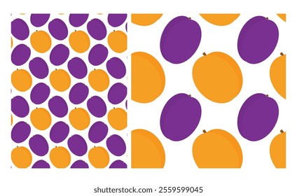 Fresh Plums and Apricots Seamless pattern in trendy summer shades. Healthy food Backgrounds Set 2