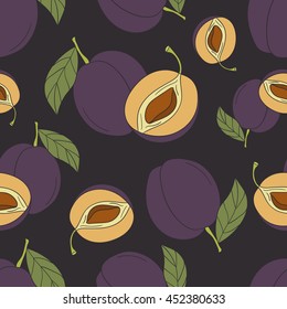Fresh plums hand drawn background. Doodle wallpaper vector. Colorful seamless pattern with fruits