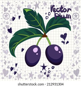 Fresh plums with leaves. Vector illustration.