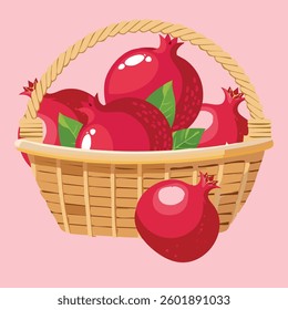 Fresh Pomegranate in Basket Vector Illustration with Juicy Seeds and Rustic Farm Harvest Concept Design