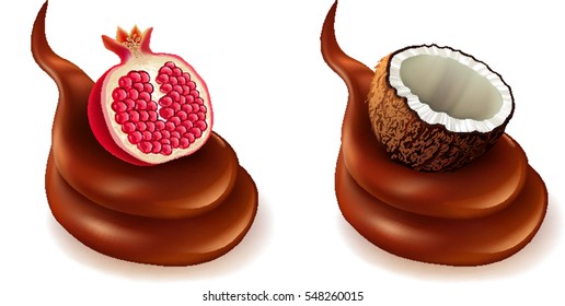 Fresh pomegranate, coconut in chocolate sauce isolated on white