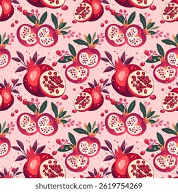 Fundo De Repetição De Fruta Fresca De Romã. Vibrante romã e folhas sem emenda padrão