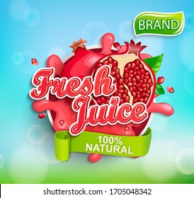 Etiqueta de jugo de granada fresca con salpicadura, trozo de fruta en fondo de boquilla para marca, logotipo, plantilla, etiqueta, emblema, tienda, embalaje, publicidad.100 por ciento de zumo de ajo natural.Ilustración vectorial