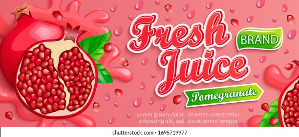 Fresh pomegranate juice splash banner with apteitic drops from condensation, fruit slice on gradient background for brand,logo, template,label,emblem,store,packaging,advertising.Vector illustration