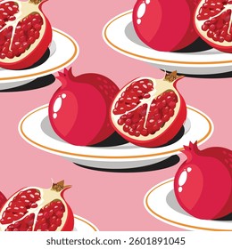A fresh pomegranate split open, resting on a white plate, revealing its jewel-like seeds