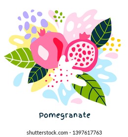 Fresh pomegranate tropical fruits juice splash organic food ripe juicy pomegranates splatter on abstract background vector hand drawn illustrations
