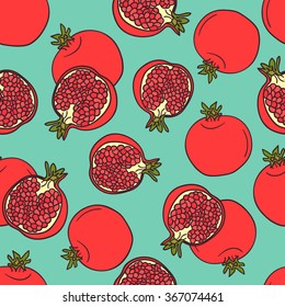 Fresh pomegranates hand drawn background. Colorful seamless pattern with fruits icon.  Decorative wallpaper, good for printing