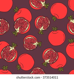 Fresh pomegranates hand drawn background. Colorful seamless pattern with fruits icons.  Decorative wallpaper, good for printing