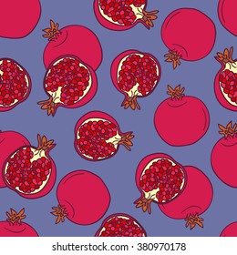 Fresh pomegranates hand drawn background. Colorful seamless pattern with fruits icons.  Decorative wallpaper, good for printing