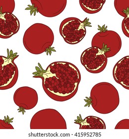 Fresh pomegranates hand drawn background. Doodle wallpaper vector. Colorful seamless pattern