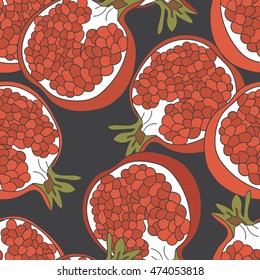 Fresh pomegranates hand drawn background. Doodle wallpaper vector. Colorful seamless pattern with fruits icon