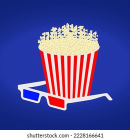 Fresh PopCorn made for the delightment of the public to enjoy a wonderful 3D movie whith a blue backgrond and glasses