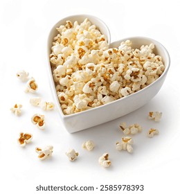 Fresh popcorn in white heart shaped bowl isolated on a white background. Vector illustration.