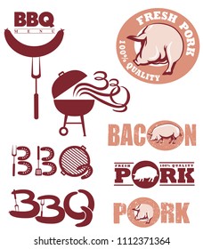 Fresh pork and barbecue design signs with pig and grill instruments