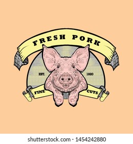 fresh pork logo, Hand drawn sketch in a graphic style, Vintage engraving illustration with ribbon