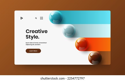Fresh postcard vector design template. Multicolored realistic spheres website layout.