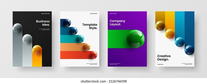 Fresh poster A4 design vector illustration set. Trendy realistic spheres corporate brochure layout bundle.