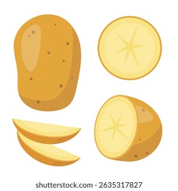 Fresh potato icon set. Whole and cut organic potatoes tubers cook ingredients. Farm plant Potato and pieces. Organic healthy vegetarian food. Vector illustration isolated on white background.