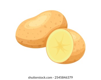 Batatas frescas em estilo cartoon. Ilustração vetorial de batata deliciosa: inteira e metade isolada sobre fundo branco. Batatas peladas e não peladas. Comida saudável. Produtos hortícolas. Colhe. Culturas de raízes.