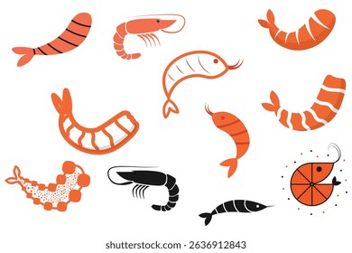 Fresh prawn and shrimp icons set. Healthy seafood cuisine cooking